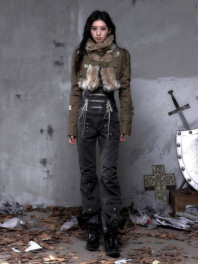 Buckle Punk Denim with Fur Crop Street Green Straps Faux Vintage Collar Jacket
