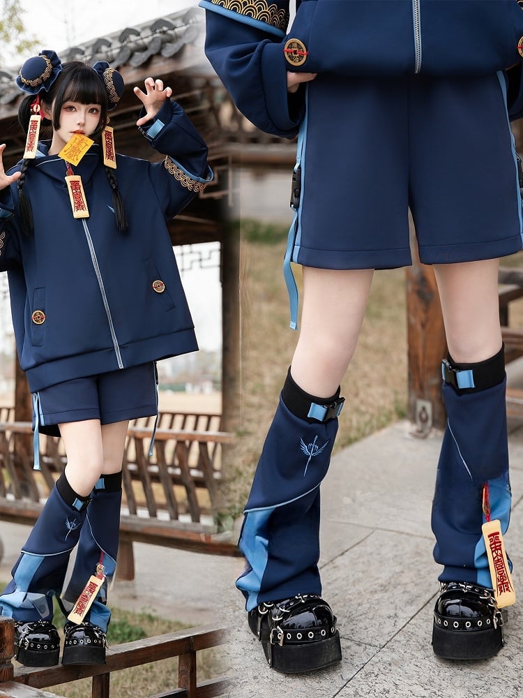 Navy Blue Elastic Waist Utility Shorts with Dangling Snap Straps