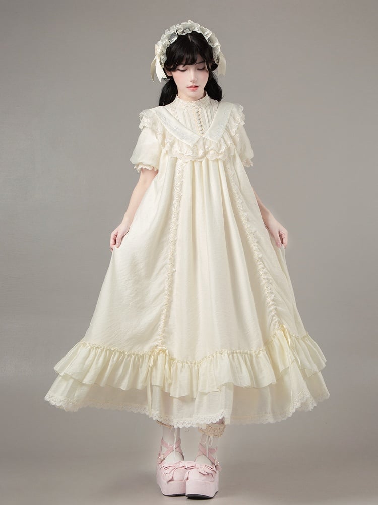 Beiges Lolita-Kleid mit kurzen, weiten Ärmeln und Kordelzug und Rosettendetails