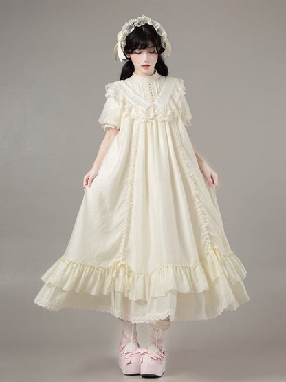 Beige Short Drawstring Loose Sleeves Lolita Embroidery with Rosette Details Dress