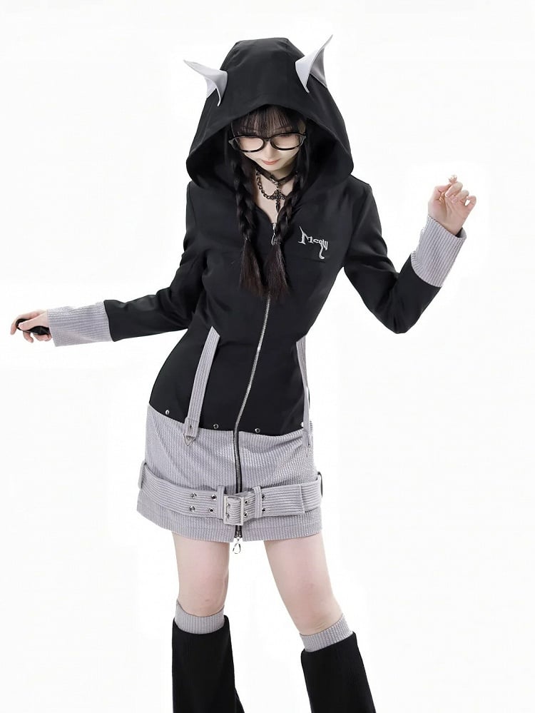 ブラックストラップとデザインフード、カラーブロック、ウルフイヤー、バックル、ジップクロージャー、グレーニット