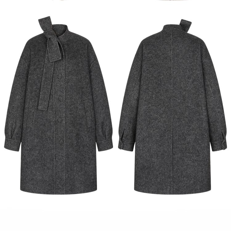 Gray Beige/Dark Vintage-Inspired Long Wool Coat with Front Button Placket and Bow Tie Collar