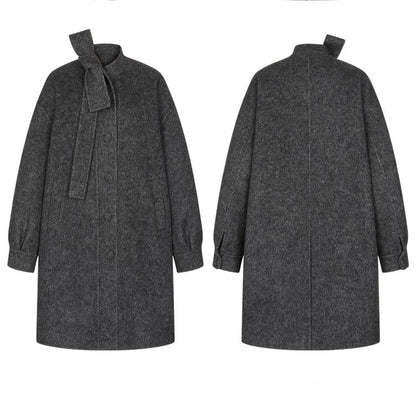 Gray Beige/Dark Vintage-Inspired Long Wool Coat with Front Button Placket and Bow Tie Collar