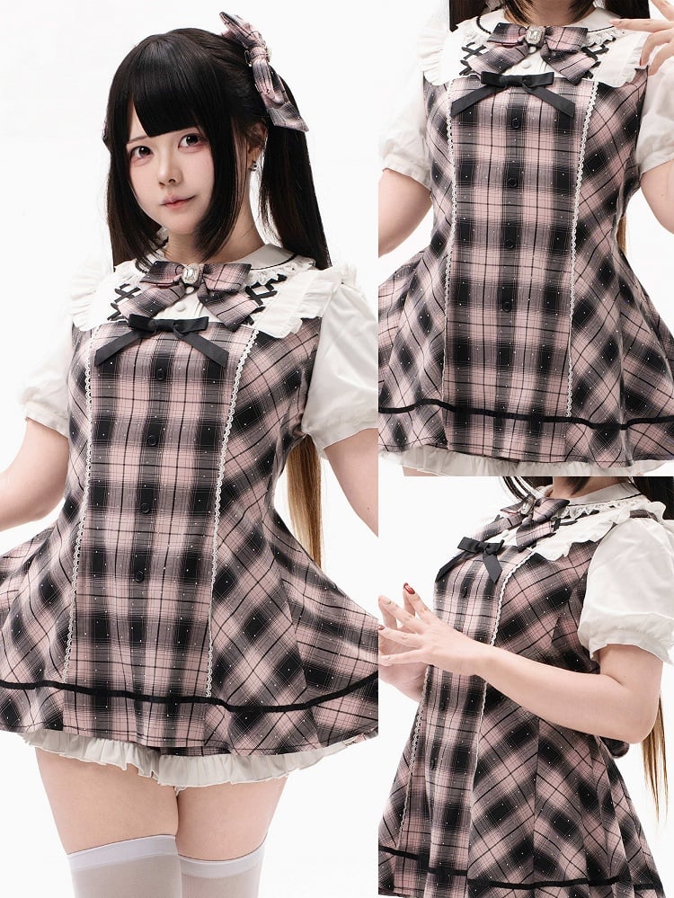 Plaid Short Sleeve Dress with Sparkle & Shorts - Bunny Rush