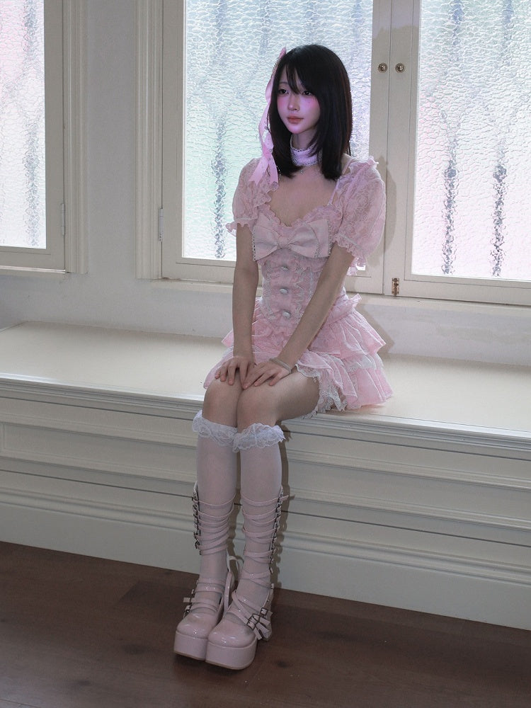 Pink Jacquard Tiered Skirt with Lace and Garter - HBreaker