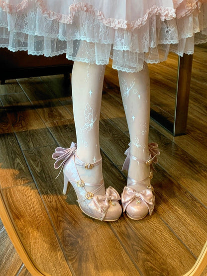 Pink Crown Buckle 8.5cm High Heels with Bowknot and Crystal Accents - Aimee
