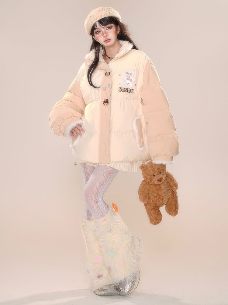 Cremegelbe Pufferjacke mit süßem Häschen-Plüschbesatz