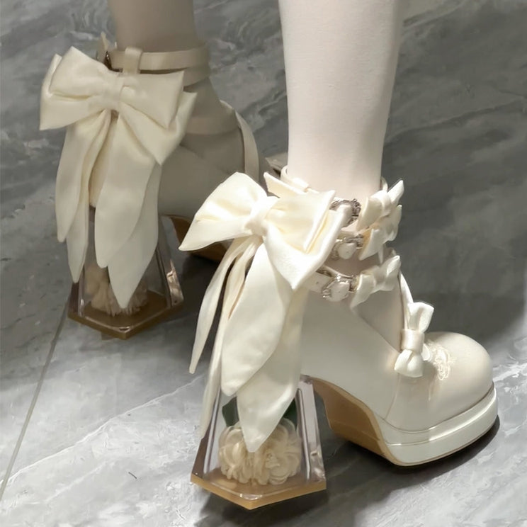 Elegant Heeled 9cm Lolita Mary Transparent Crisscross Janes Straps White - Camellia-Adorned with Heel