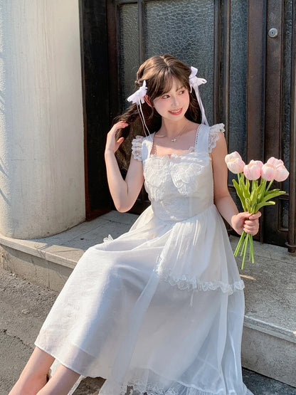 Mesh Overlay Detail with Sweet Dress White Flutter Sleeves Butterfly Neckline