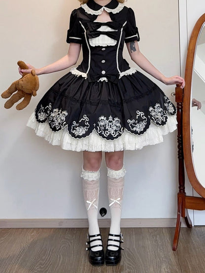 Black Old School Lolita Cotton OP Dress with Embroidered Scallop Trim Skirt - Secret Tea Party