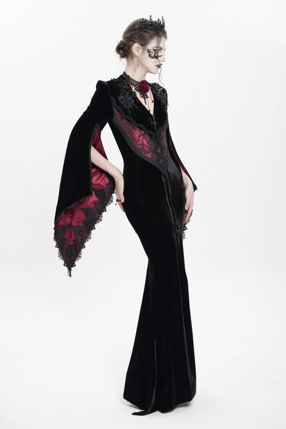 Black and Red V-Neck Long Trumpet Sleeves Floral Embroidered Velvet Gothic Dress