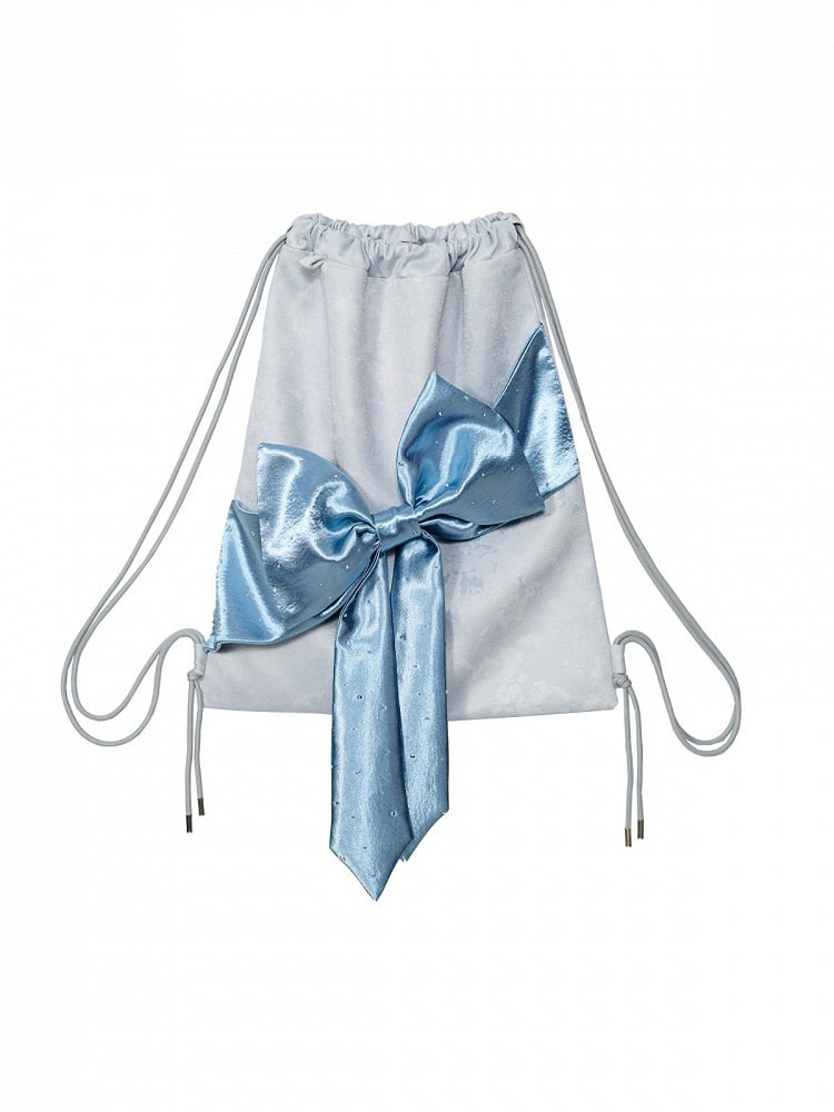 Blue Y2K Satin Bow Drawstring Doulder Shoulder Bag with Rhinestone Decoration - Virtual Orbit