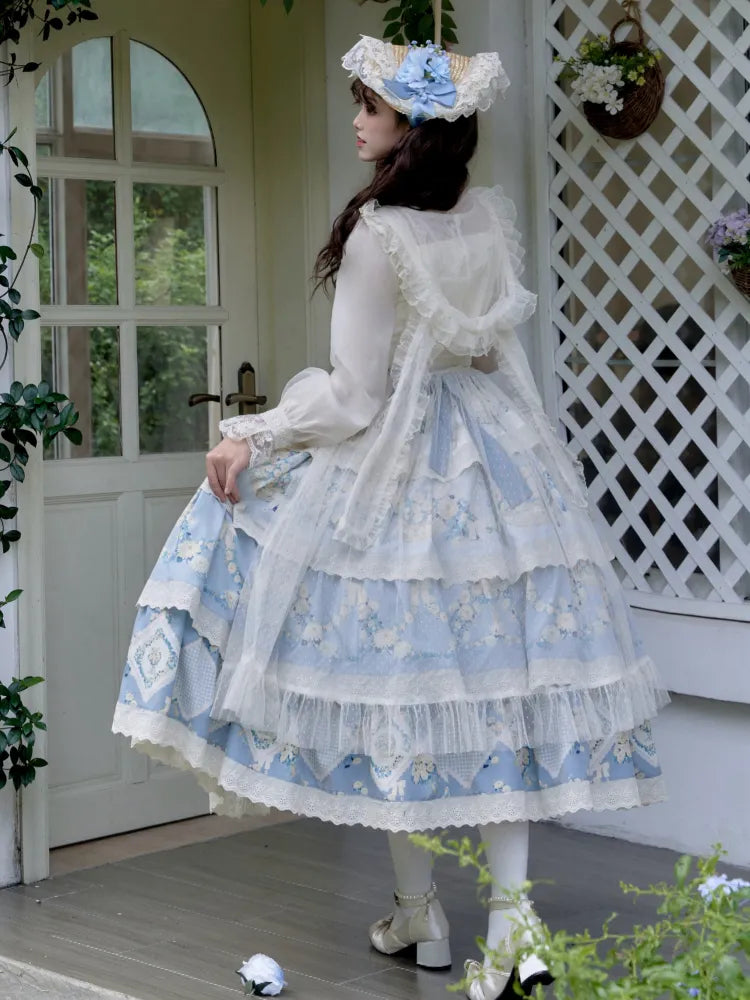 Classic Jumper Blue Skirt Floral Dress Basket and Flower Tiered Daisy Print Lolita