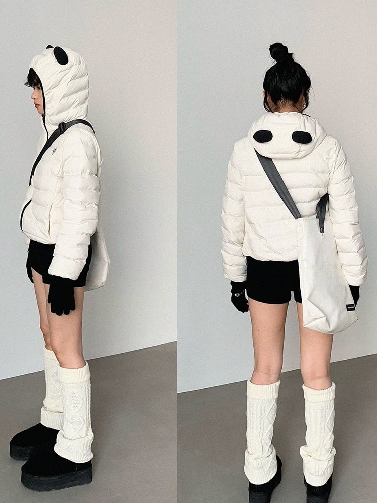 White Jacket Zipper Panda Ear with Decor Hood - Ribbed Daily Kawaii Down Front Hooded