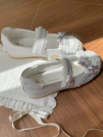 Sneakers Flat with Sweet Bow Lace Edging Gray Decorative Lolita - Velcro Fastening Style