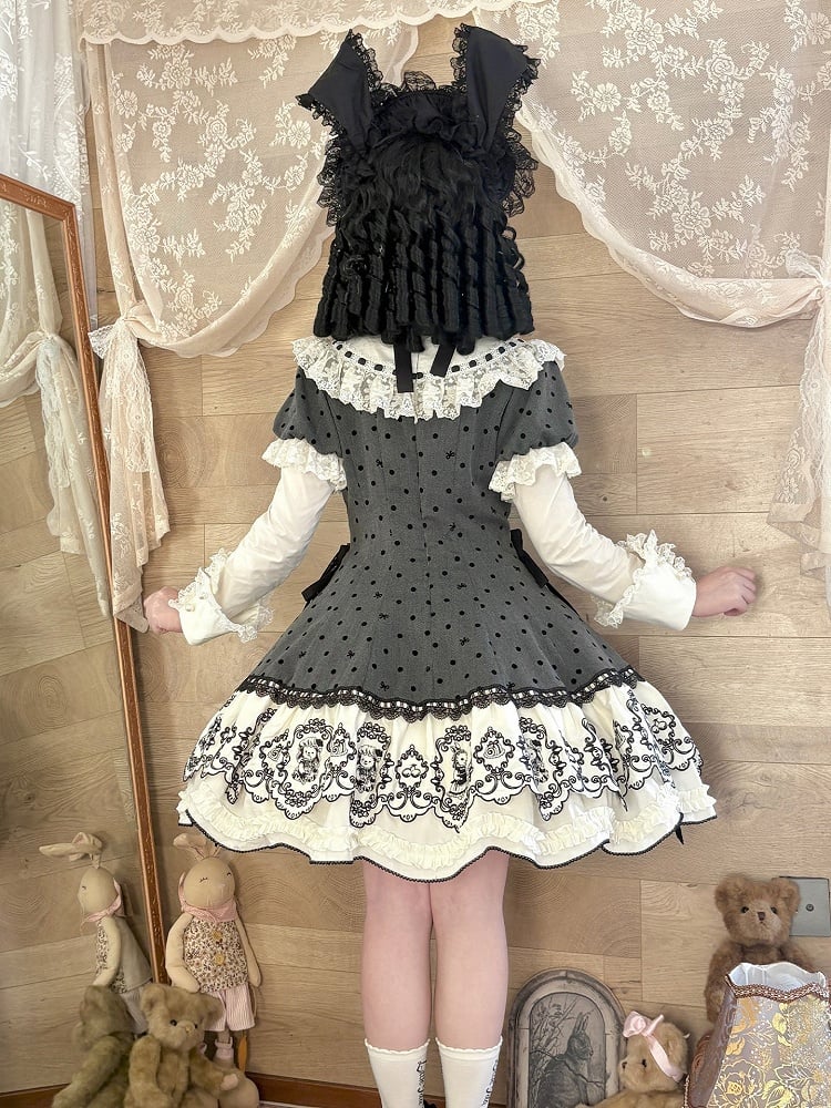 Sweet Rabbit Gray Polka Dot Pattern Sweetheart Lolita Detachable Dress Bonnet + with Sleeves Set Appliques