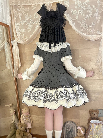 Sweet Rabbit Gray Polka Dot Pattern Sweetheart Lolita Detachable Dress Bonnet + with Sleeves Set Appliques