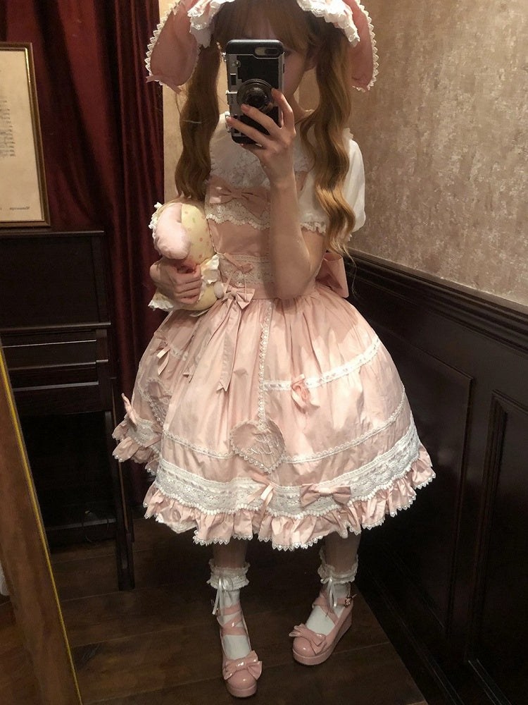 Rock Sweetheart Weiß Lolita Jumper Old Dress School Applikation Baumwolle Rosa und