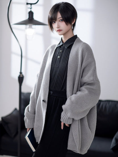 Gray Knit Buckle Cardigan with Unisex Closure Ouji
