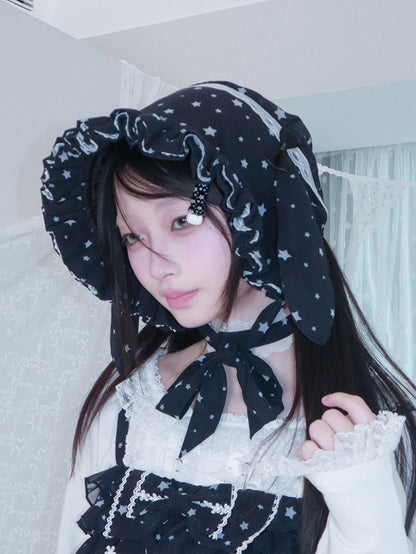Navy Star Print Trim Bonnet White Blue Chiffon Bunny with Lace Ear