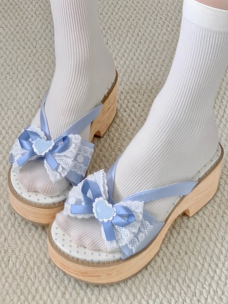 Platform Bow Grain Applique with Sole Decorative Heart Slippers Wood