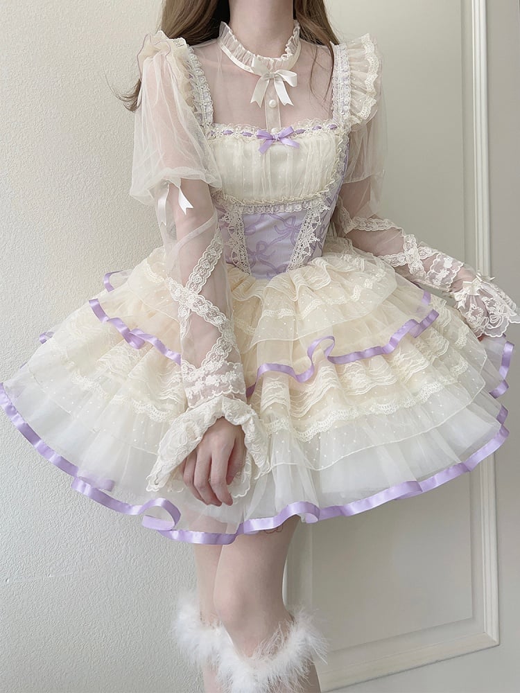 Skirt Purple Print Basque Waist Balletcore Lolita Bows Jumper