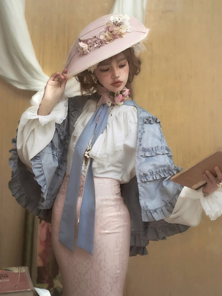 Cape Collar Lolita with Gray Trims Banded Ruffled