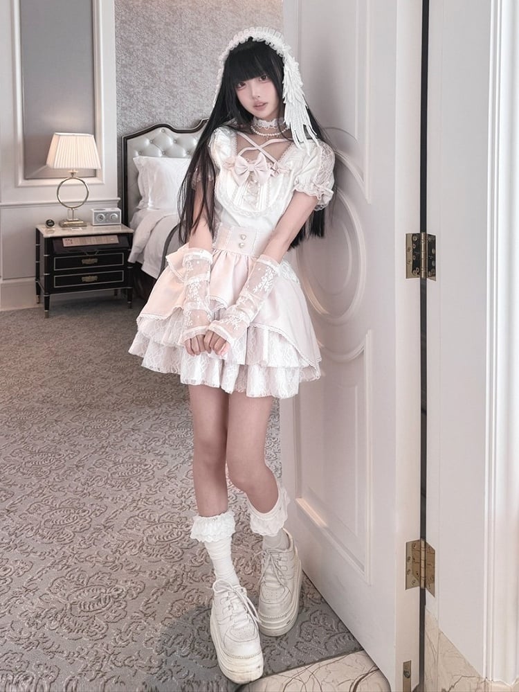 Ryousangata White & Pink Lace Bow Blouse - Jiuniang Cherry