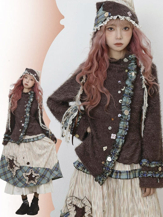 Playful Accents with Brown Kei Buttons Cardigan Mori Green Knit Plaid Vintage