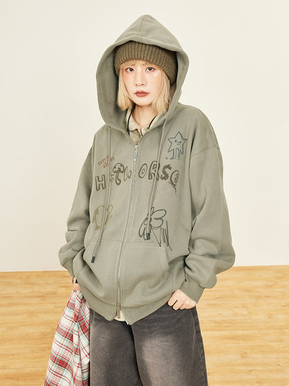 Dusty Hoodie - Two-way Kawaii Zip Placket Letter Hood Drawstring Print Green