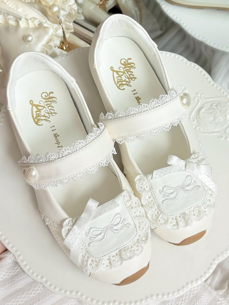 Heart-Adorned Bow Velcro Trim Sweet - Details Flat Lolita Lace Straps White Shoes