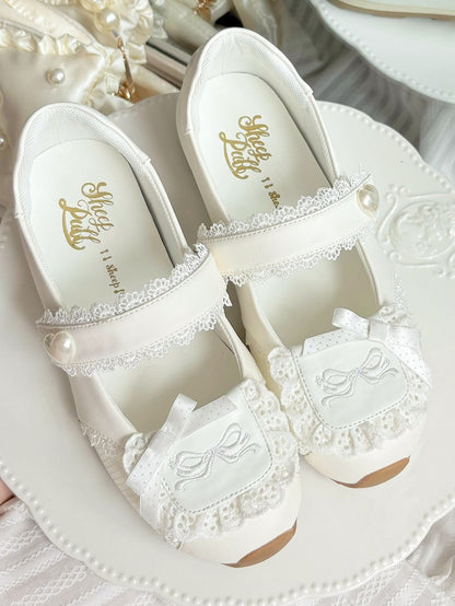 Heart-Adorned Bow Velcro Trim Sweet - Details Flat Lolita Lace Straps White Shoes