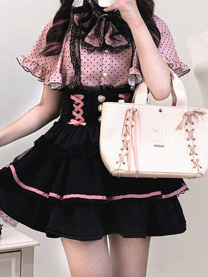 Chiffon Sleeve Polka-dot White/Black Cape Blouse: Jirai Kei