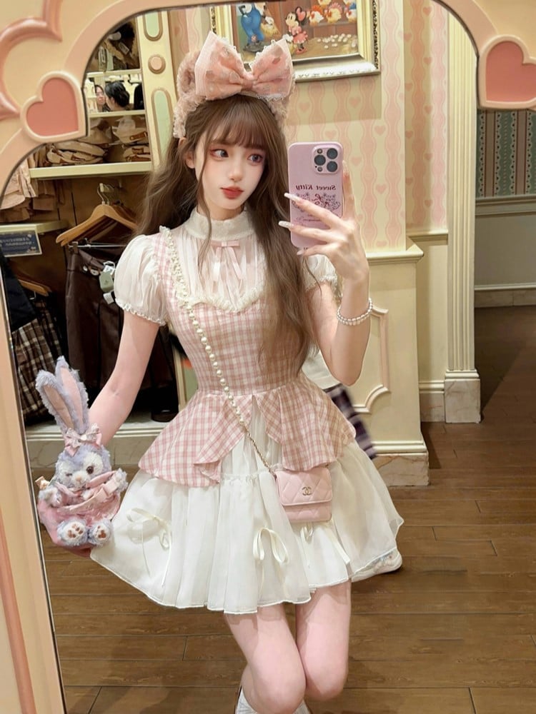 With Two-Piece Faux Pink Dress Pattern Plaid White