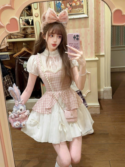 With Two-Piece Faux Pink Dress Pattern Plaid White