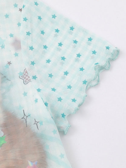 Green Mesh T-Shirt with Kitty and Star Print - Languid Park