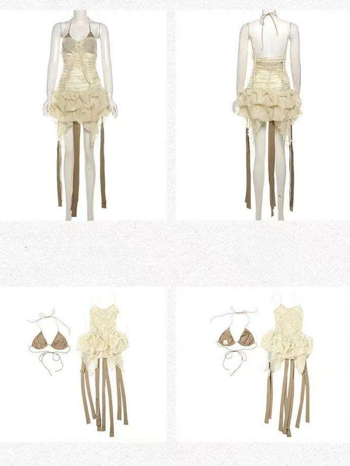 Ruffle Set- Self-tie Beige Dress Trim Skirt Cami Glamorous Straps +