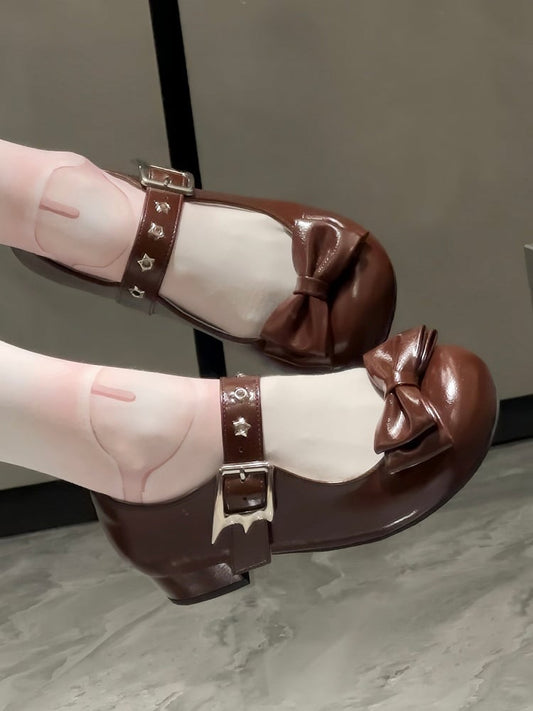 Sweet Janes Top Low-heel - at Toe Bow Accents Dark Brown Lolita PU Mary Star Round