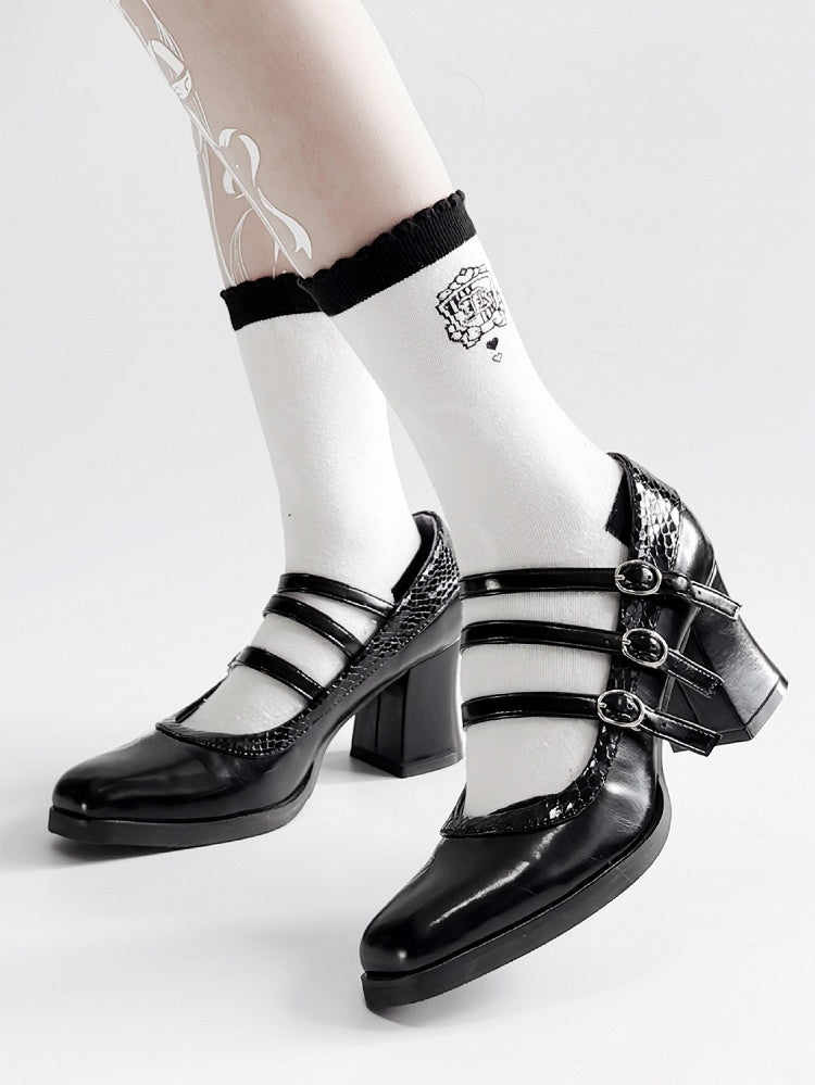 Schlangenhaut Gothic Lolita Schwarz 6,5 cm Schnallen Block 3 Muster mit Absätzen