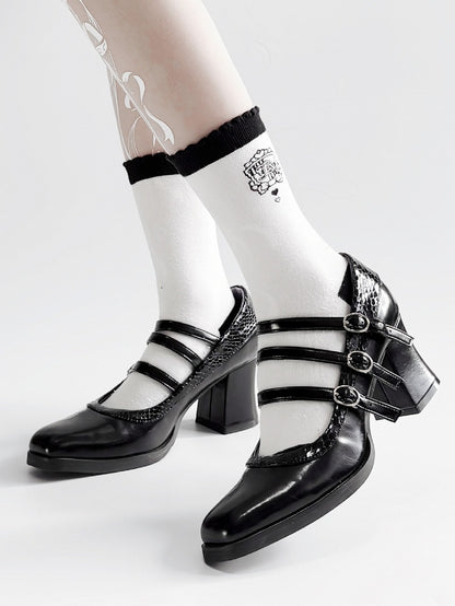 Schlangenhaut Gothic Lolita Schwarz 6,5 cm Schnallen Block 3 Muster mit Absätzen