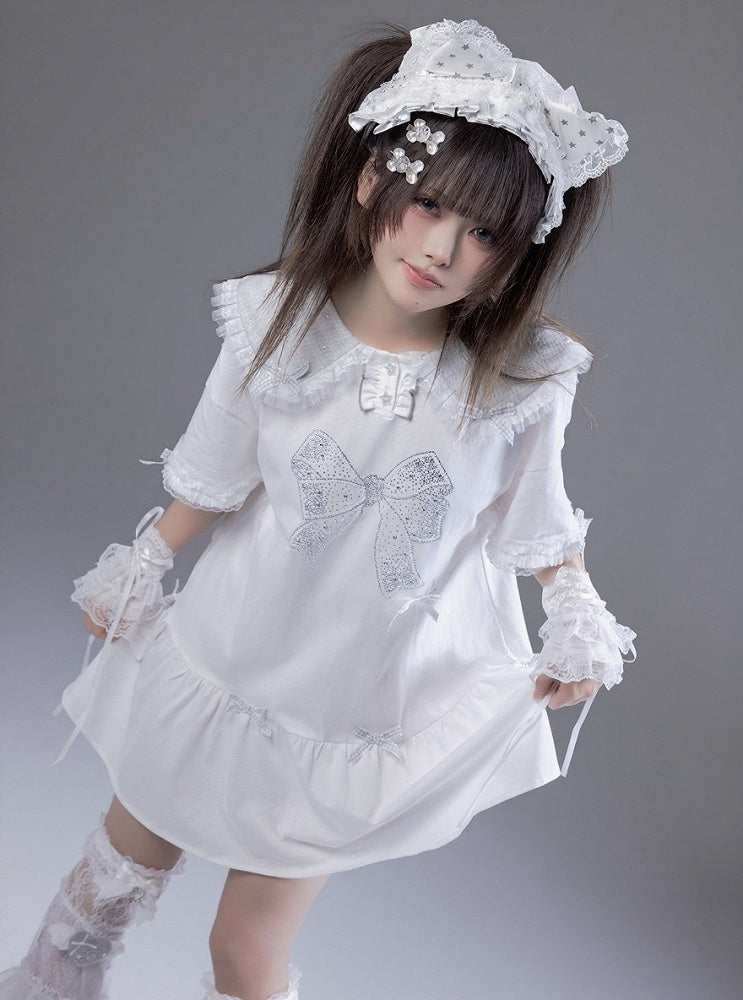 Peter Pan Collar Short Sleeve T-Shirt Dress with Print & Bows - Fluffy Heart