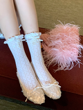 Decorated Lace Beaded White Bowknot Trim Socks