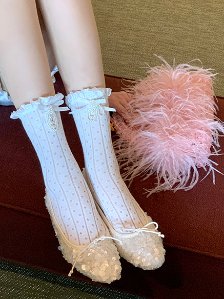Decorated Lace Beaded White Bowknot Trim Socks