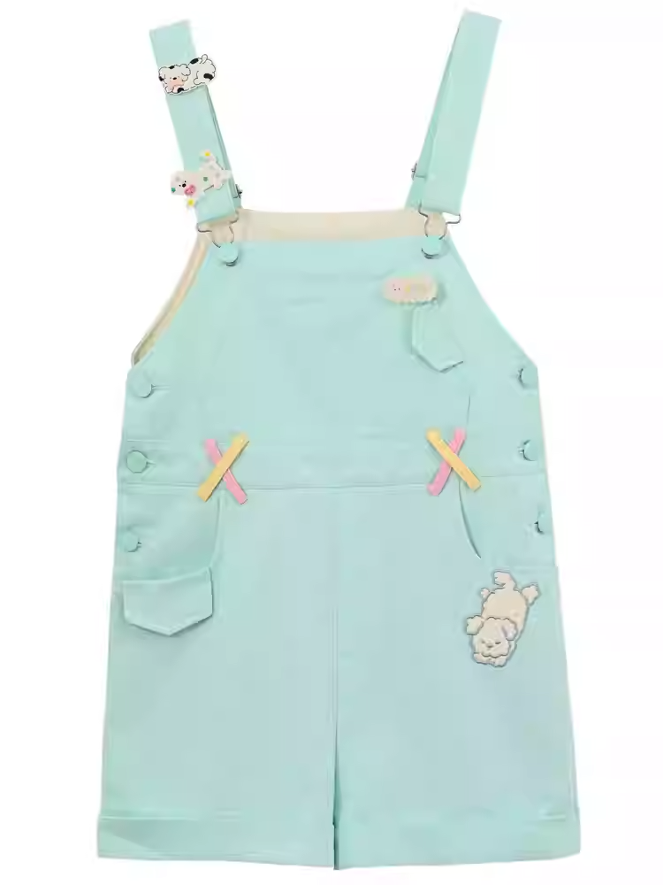 Shorts Overall Mint Green Cartoon Puppy Embroidery Straight-leg Cut
