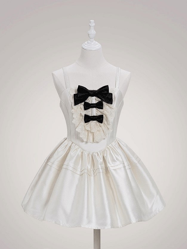 and Waist Basque Sweet Lolita Details Dress with Lace Layered White Bow