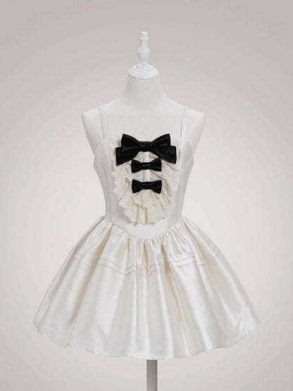 and Waist Basque Sweet Lolita Details Dress with Lace Layered White Bow