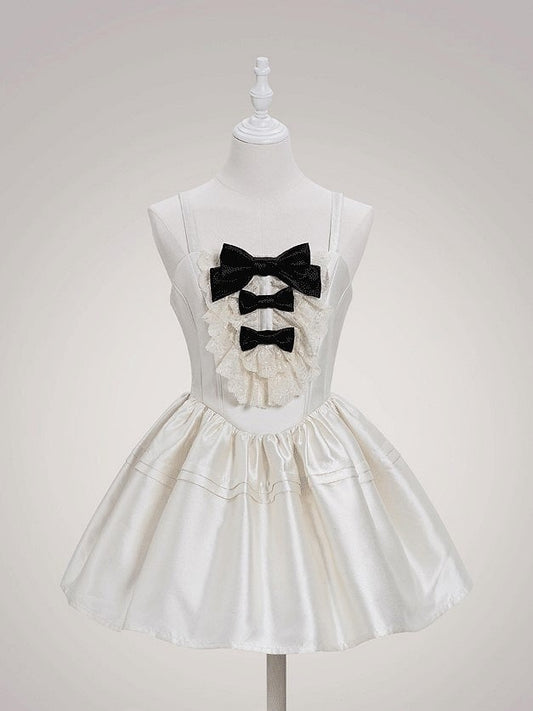 and Waist Basque Sweet Lolita Details Dress with Lace Layered White Bow