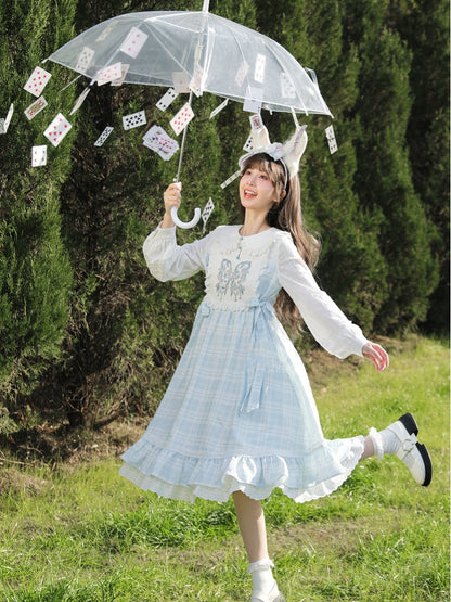 Alice in Wonderland Vibes Blue & White Plaid Butterfly Embroidery Mori Kei Dress