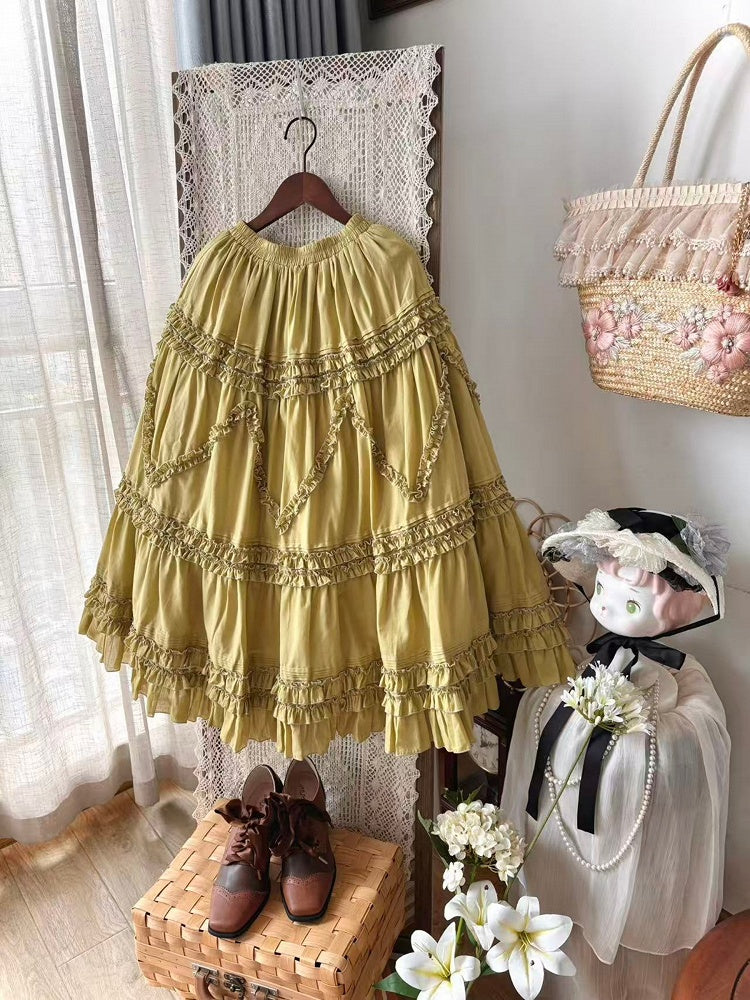 82cm Ruffled Green Skirt Elastic Waist Under