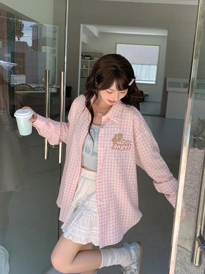 Pink Loose Plaid Shirt Adorable Bear Embroidery